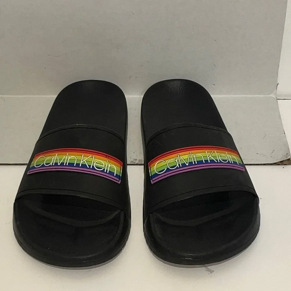 Calvin Klein Men's Pride Rainbow Logo Slip-On Slide Sandals Black Size 11‎